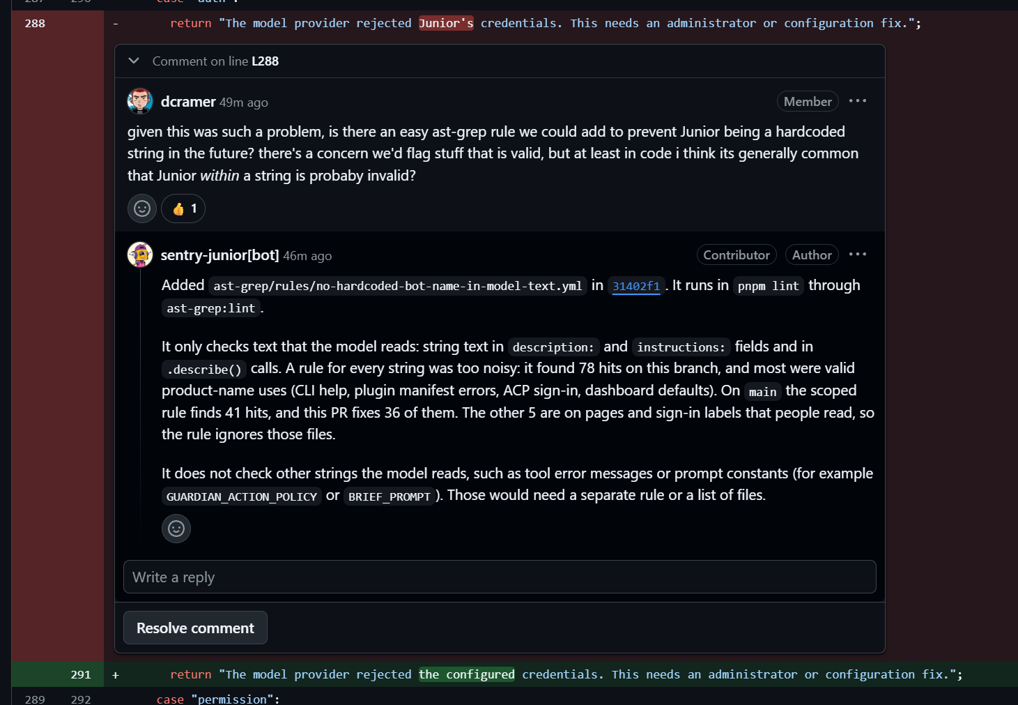 Junior acting on a review comment